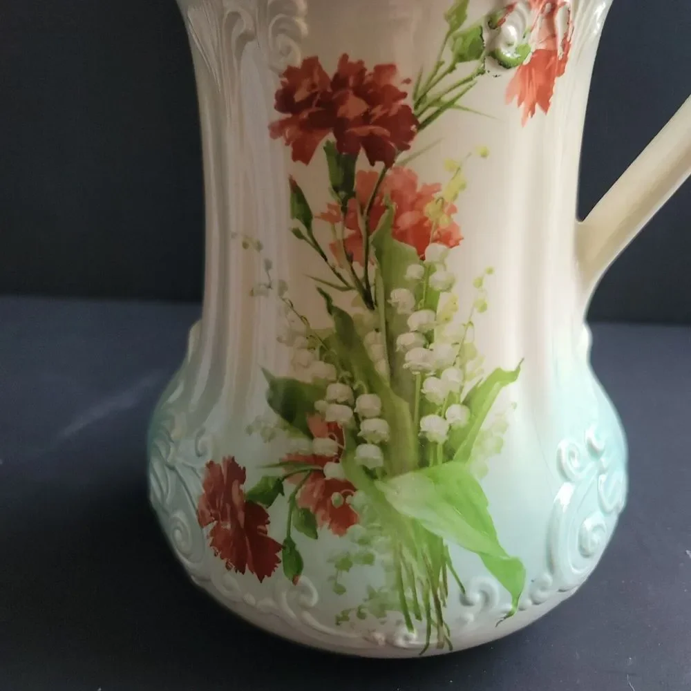 Vtg Pitcher Grandma Core Pitcher Vase Signed RS Prussia Gold Blue 9